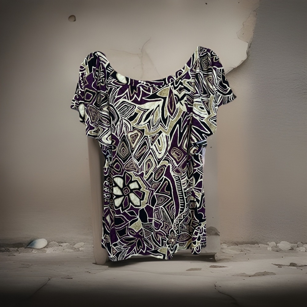 NIC&DOM Abstract Print Top Purple Black Cream Stretch Short Sleeve Blouse - Picture 2 of 7